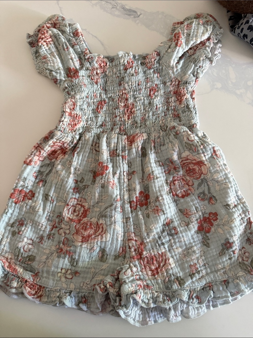 Modern Moments Girls Floral Smocked Romper in Soft Blue and Coral